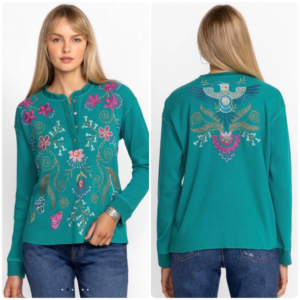 Johnny Was "Sisa" Thermal Henley Top XS Teal Green Floral Embroidered Boho